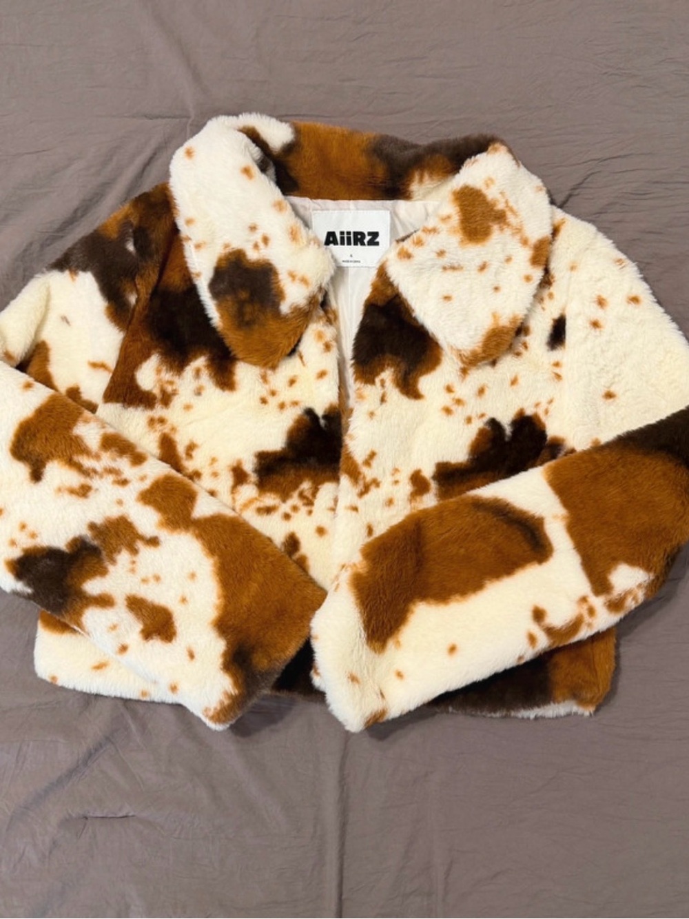 Faux Fur Cow-Print Puffer Jacket in Cream and Brown